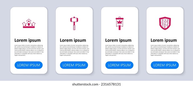 Set Shield, Medieval flag, Battle hammer and King crown. Business infographic template. Vector