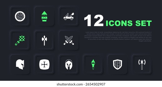 Set Shield, Poleaxe Medieval, Chama Tocha, Mace com picos, Cruzada, Torre do castelo e ícone do capacete. Vetor