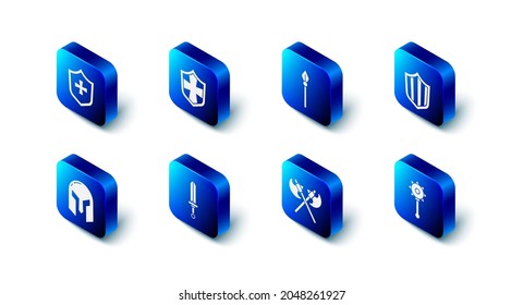 Set Schild, mittelalterlicher Speer, geketteter Aßball, überquerte Mittelalterachsen, Schwert, Eisenhelm und Symbol. Vektorgrafik