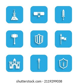 Set Shield, Medieval spear, shield with sword, Castle, fortress, Hammer,  and Sword in the stone icon. Vector