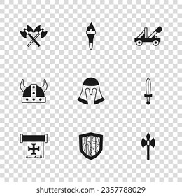 Set Shield, Medieval sword, axe, helmet, catapult, Crossed medieval axes, Torch flame and Viking in horned icon. Vector