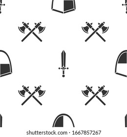 Schild, mittelalterliches Schwert und mittelalterliche Achsen auf nahtloses Muster setzen. Vektorillustration