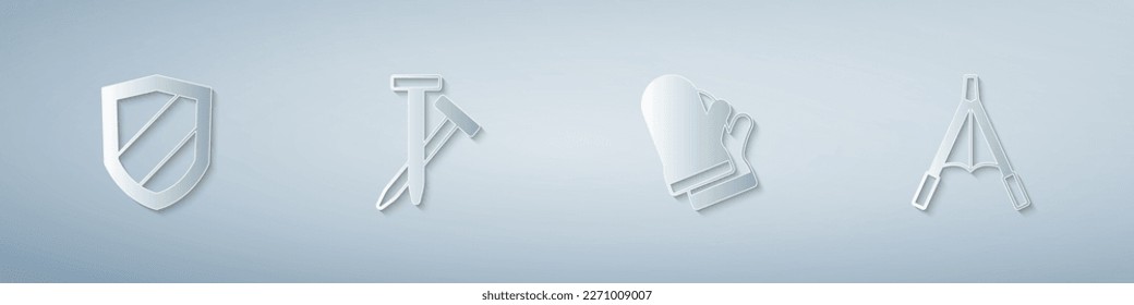 Set Shield, Metallic nails, Protective gloves and Air blower bellows. Paper art style. Vector