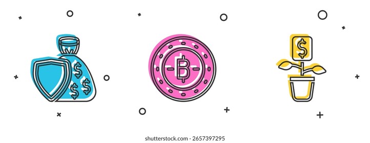 Conjunto Escudo y bolsa de dinero, Bitcoin y Dollar icono de la planta. Vector