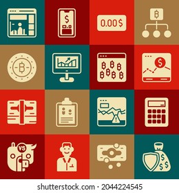 Set Shield and money bag, Calculator, Website with growth graph, Zero cost, Computer, Bitcoin,  and browser icon. Vector