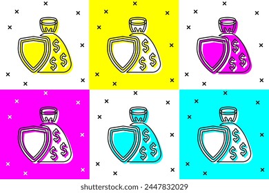 Set Shield and money bag with dollar symbol icon isolated on color background. Security shield protection. Money security concept.  Vector