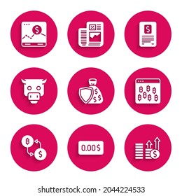 Set Shield and money bag, Zero cost, Financial growth dollar, Bitcoin browser, Cryptocurrency exchange, Bull market, Business finance report and Website with graph icon. Vector