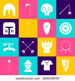 Set Shield, Old keys, wooden wheel, Skull, Medieval spear, iron helmet,  and  icon. Vector