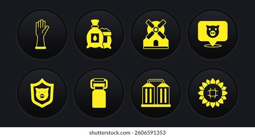 Set Shield with pig, Pig, Can container for milk, Granary, Windmill, Pack full of seeds of plant, Sunflower and Rubber gloves icon. Vector