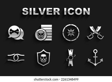 Schild mit Piratenschädel, Schwerter, Anchor, Dekret, Pergament, Scroll, Seile gebunden im Knoten, Kompass, Position und Piratenmünzen Symbol. Vektorgrafik