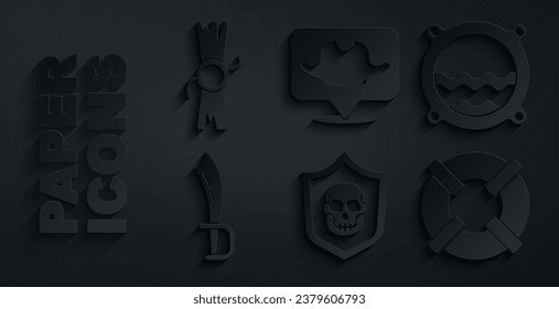 Set Shield with pirate skull, Ship porthole seascape, Pirate sword, Lifebuoy, Location and Decree, parchment, scroll icon. Vector