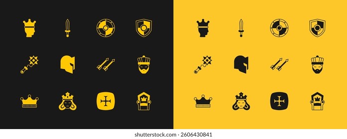 Set Shield, Princess or queen, Medieval arrows, Crusade, helmet, Round shield, King crown and sword icon. Vector