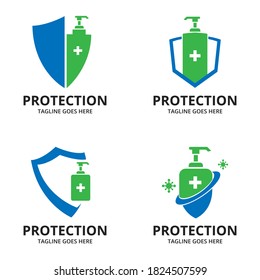 Establecer la plantilla de diseño de logotipo de protección de Escudo. Ilustración vectorial de diseño de escudo y sanitizador de mano. protector antivirus para coronavirus, infección por COVID-19, 2019-nCoV. 