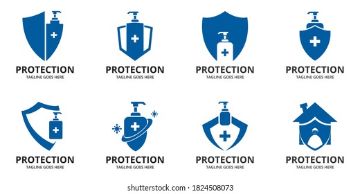 Set  Shield protecting Logo Design Template. Illustration vector graphic of shield and hand sanitizer design concept. protective antivirus shield to coronavirus, COVID-19, 2019-nCoV infection. 