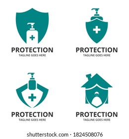 Set  Shield protecting Logo Design Template. Illustration vector graphic of shield and hand sanitizer design concept. protective antivirus shield to coronavirus, COVID-19, 2019-nCoV infection. 