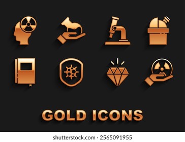 Set Shield protecting from virus, Astronomical observatory, Radioactive, Diamond, Book, Microscope, Head and radiation symbol and Test tube flask icon. Vector
