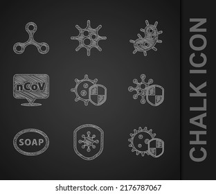 Set Shield protecting from virus, Bar of soap, Corona 2019-nCoV on location, Virus and  icon. Vector