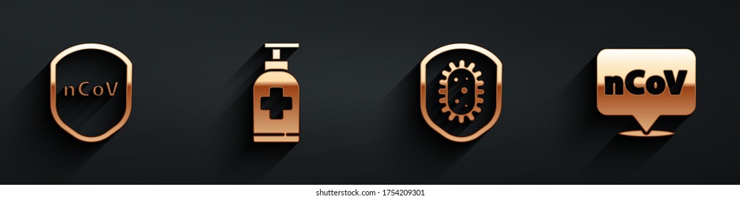 Set Shield protecting from virus, Bottle of liquid antibacterial soap, Shield protecting from virus and Corona virus 2019-nCoV on location icon with long shadow. Vector