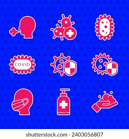 Set Shield protecting from virus, Bottle of liquid antibacterial soap, Washing hands with, Face medical protective mask, Corona covid-19, Virus and Man coughing icon. Vector