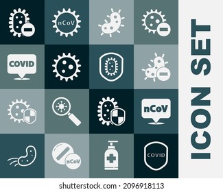 Establezca la protección contra virus en Escudo Corona 2019-nCoV en ubicación, negativo, virus, covid-19 e icono. Vector