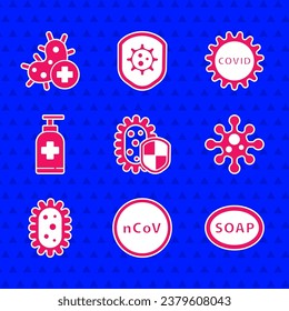 Set Shield protecting from virus, Corona 2019-nCoV, Bar of soap, Virus, Bottle liquid antibacterial, covid-19 and Positive icon. Vector