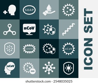 Set Schild vor Viren schützen, Corona 2019-nCoV, Virus, Hände waschen mit Seife, Ort, Mann husten und Symbol. Vektorgrafik