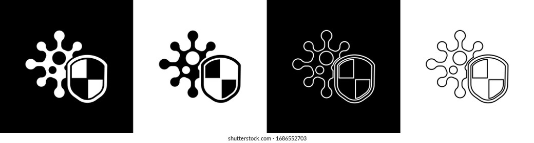 Set Shield protecting from virus, germs and bacteria icon isolated on black and white background. Immune system concept. Corona virus 2019-nCoV.  Vector Illustration