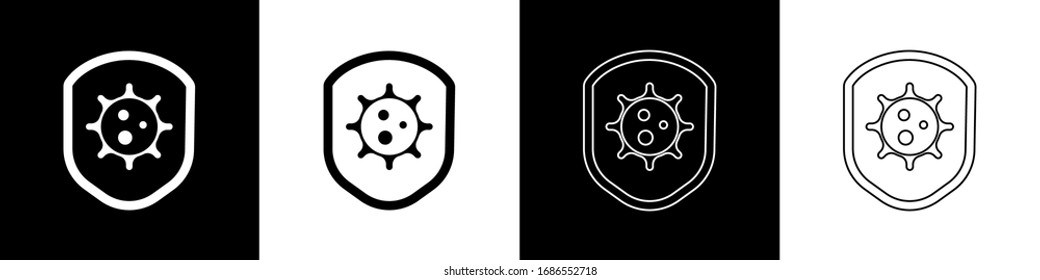 Set Shield protecting from virus, germs and bacteria icon isolated on black and white background. Immune system concept. Corona virus 2019-nCoV.  Vector Illustration