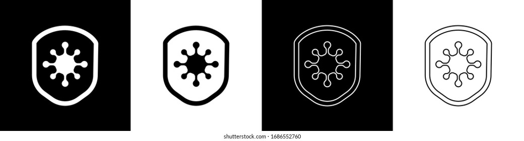 Set Shield protecting from virus, germs and bacteria icon isolated on black and white background. Immune system concept. Corona virus 2019-nCoV.  Vector Illustration