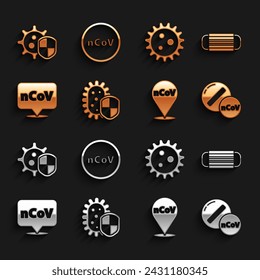 Set Shield protecting from virus, Medical protective mask, Medicine pill or tablet, Corona 2019-nCoV on location, Virus,  and  icon. Vector