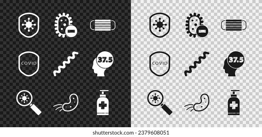 Set Shield protecting from virus, Negative, Medical protective mask, Virus under magnifying glass, Bottle of liquid antibacterial soap,  and  icon. Vector