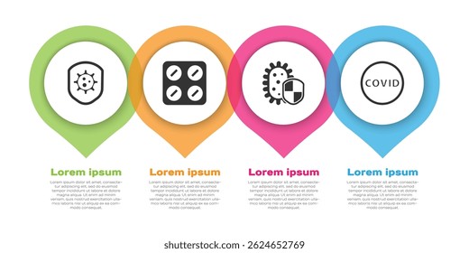Proteja o Shield contra vírus, Comprimidos em blister pack, Proteja o Shield contra vírus e o vírus Corona covid-19. Modelo de infográfico comercial. Vetor