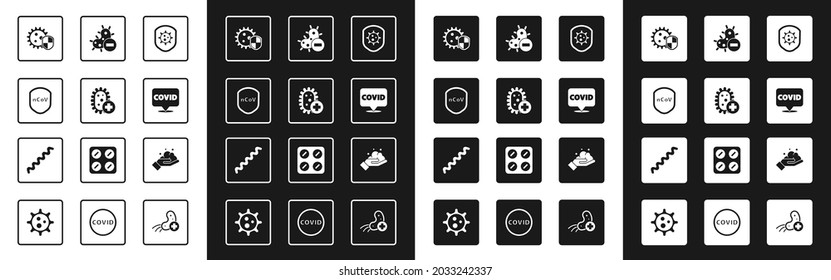 Set Shield protecting from virus, Positive, Corona covid-19 on location, Negative, Washing hands with soap and Virus icon. Vector