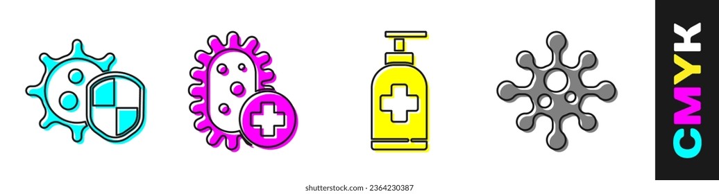 Set Shield protecting from virus, Positive virus, Bottle of liquid antibacterial soap and Virus icon. Vector