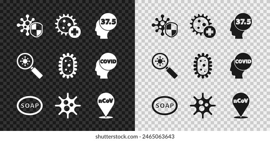 Set Shield protecting from virus, Positive, High human body temperature, Bar of soap, Virus, Corona 2019-nCoV on location, under magnifying glass and  icon. Vector