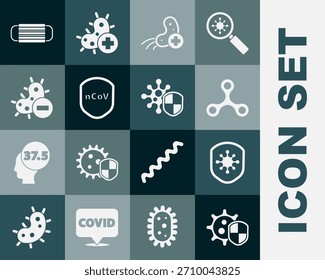 Set Shield schützt vor Virus, Virus, Positiv, Negativ, Medizinische Schutzmaske und Icon. Vektorgrafik