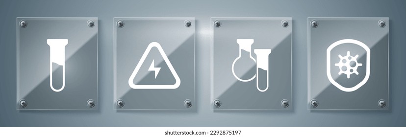 Set Shield protecting from virus, Test tube and flask, High voltage and Test tube and flask. Square glass panels. Vector