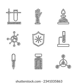 Set Shield protecting from virus, Test tube and flask, Molecule, Microscope, Pipette, Alcohol or spirit burner and on stand icon. Vector