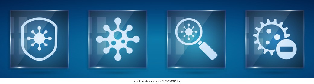 Set Shield protecting from virus, Virus, Virus under magnifying glass and Negative virus. Square glass panels. Vector