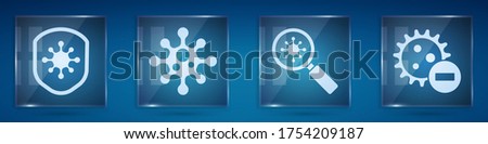 Set Shield protecting from virus, Virus, Virus under magnifying glass and Negative virus. Square glass panels. Vector