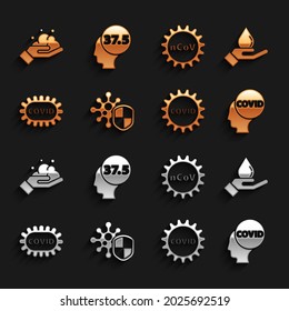 Set Shield protecting from virus, Washing hands with soap, Corona covid-19, 2019-nCoV,  and High human body temperature icon. Vector