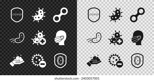 Set Shield protecting from virus, Virus, Washing hands with soap, Negative,  and Positive icon. Vector