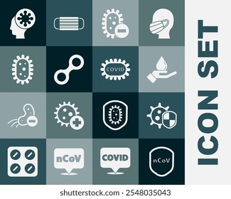 Set Shield protecting from virus, Washing hands with soap, Negative, Virus, Human and Corona covid-19 icon. Vector