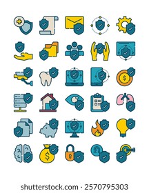 set of shield protection security decoration element filled outline icon vector illustration