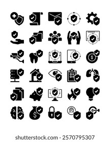 set of shield protection security decoration element solid glyph icon vector illustration