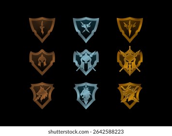 set of shield rank medal in bronze, silver, gold with sword, medieval helmet, animal symbol clan emblem