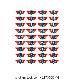 set shield red wing with alphabet letter concept logo