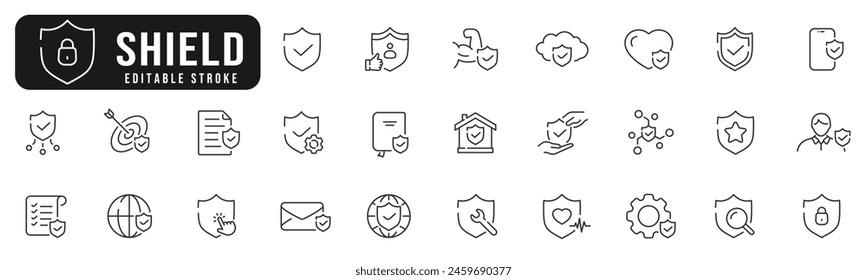 Set of shield related line icons. Protection, safety, secure, guard etc. Editable stroke