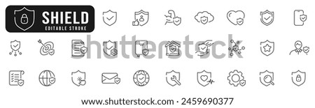 Set of shield related line icons. Protection, safety, secure, guard etc. Editable stroke