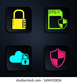 Set Shield , Safe combination lock , Cloud computing lock  and SD card and shield . Black square button. Vector